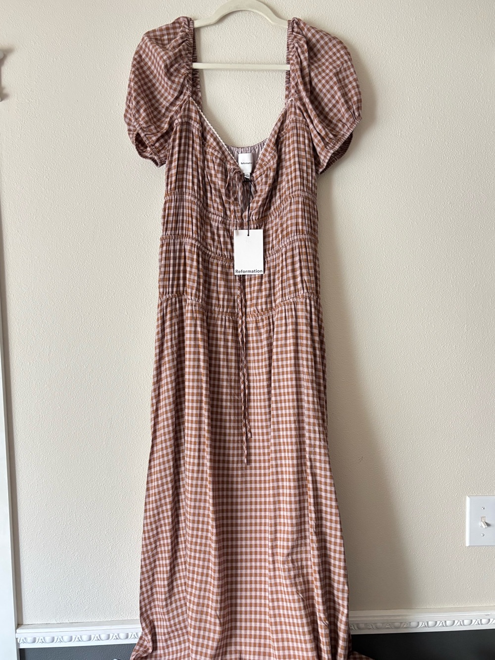 NWT Reformation Brown Gingham Maxi Dress with Puff Sleeves Size 12 - Picture 1 of 5